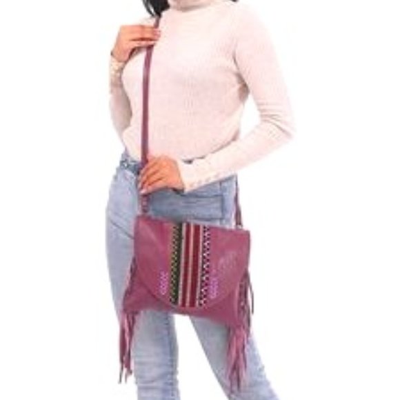 Genuine Plum Soft Leather Western Abstract Pattered Fringe Crossbody Bag NWT - Picture 3 of 6